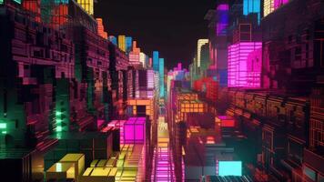 A bustling neon cityscape, with towering skyscrapers made of pulsing neon lights and holographic advertisements. The streets are lined with colorful neon signs. video