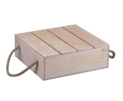 Wooden box with handles made of twine on a white background. photo