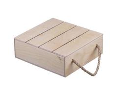 Wooden box with handles made of twine on a white background. photo