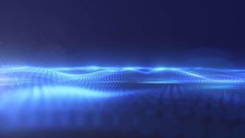 The abstract blue energy surface with magic waves of particles and points with the blizzard of blur and glow abstract rear background, video 4K, 60 FPS