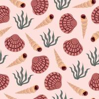 verano sin costura modelo con conchas, algas en rosado antecedentes. Perfecto para envase papel. vector