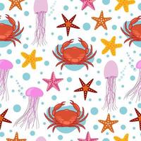 Sea animals on white vector background. Seamless pattern. Crab, jellyfish and seastars isolated on white.