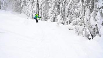 ver desde altura a hombre es montando un tabla de snowboard en un cubierto de nieve campo en un cable detrás un coche video