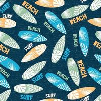 Seamless pattern with surf boards with scuffs and leaves. Summer print. Vector hand drawn illustration.