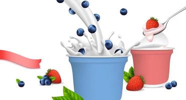 Realistic Detailed 3d Natural Strawberry and Blueberry Greek Yogurt. Vector