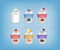 realista detallado 3d diferente gusto yogur con cuchara colocar. vector
