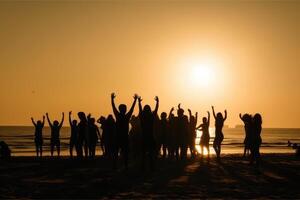 Silhouettes of People Dancing Summer Beach Party Concept photo