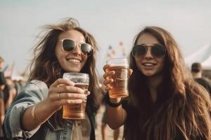 Female friends cheering with beer at music festival, summer beach party photo