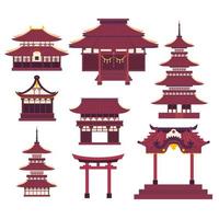 Cartoon Color Japanese Religious Buildings Set. Vector