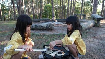 contento familia, linda hermanas sentado en picnic por estufa cerca tienda y asar a la parrilla en pino bosque. contento familia en vacaciones en naturaleza. video