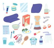 Cartoon Color Morning Routine Elements Icons Set. Vector