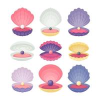 Cartoon Color Different Pearls Seashell Open View Icons Set. Vector