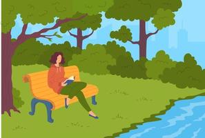 dibujos animados color personaje contento relajante mujer en naturaleza concepto. vector