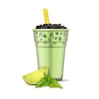 Realistic Detailed 3d Bubble Milk Tea with Green Lime Slice . Vector