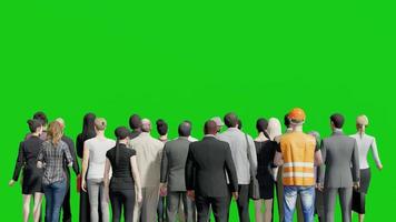 fechar-se costas Visão 3d multidão animação em verde tela fundo croma chave, isolado grupo do pessoas em pé video