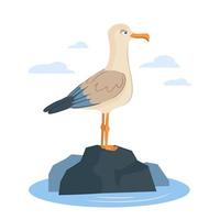 un Gaviota es sentado en un rock en el mar. vector ilustración de un Gaviota en un blanco antecedentes. el concepto de mar vacaciones, viajar. marina estilo.