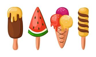 Delicious colorful ice cream set. Collectible ice cream cones and popsicles with different fillings, highlighted on a white background. Vector illustration