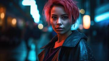 A young and stylished beautiful woman closeup portrait. She's walking on the city of cyberpunk. photo