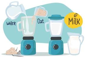 Recipe How to make oat milk at home step by step. Instruction with soak, drain and blend oats. Vector illustration for cooking book. Easy way to make healthy plant-based dairy drink, diet product