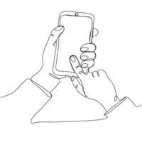 Hand holding and touching smartphone, scrolling or searching for something, isolated on white background vector