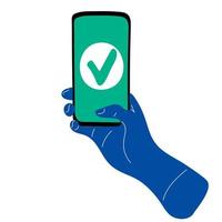 Cartoon human hand holding mobile phone with Check Mark on screen vector