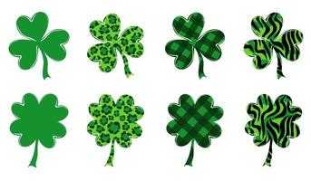 Clover set with chequered, leopard and tiger pattern. Happy St. Patricks Day vector