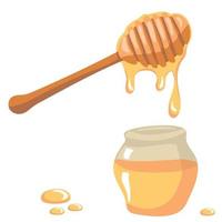 Fresh honey. Honey dripping from a wooden honey dipper on jar, isolated on white background vector