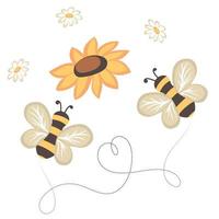 Flying bees, daisies and sunflower, isolated on white background vector