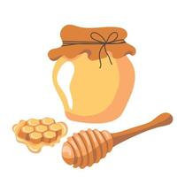 Jar full of fresh honey, wooden stick and honeycombs vector