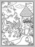 ute unicorn with hearts and a castle on a summer lawn. Coloring page. vector