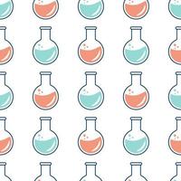 Seamless pattern on the topic of chemistry with flasks, test tubes, molecules vector