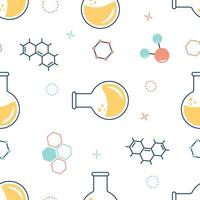 Seamless pattern on the topic of chemistry with flasks, test tubes, molecules vector