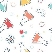 Seamless pattern on the topic of chemistry with flasks, test tubes, molecules vector