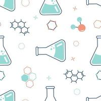 Seamless pattern on the topic of chemistry with flasks, test tubes, molecules vector