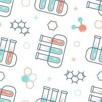 Seamless pattern on the topic of chemistry with flasks, test tubes, molecules vector