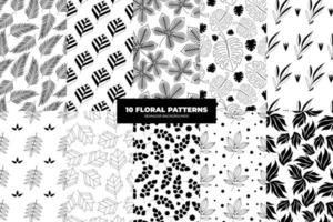 Floral seamless patterns. Leaves and flowers in black and white tones. Repeating endless vector design for paper, cover, fabric, interior decor and textile users. Vector illustration.