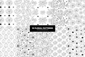 Set of seamless patterns with flowers, leaves and herbal doodles. Vintage style blooming flowers and leaves. Ready for for textile, fashion and wallpapers. Scandinavian style vector illustrations.