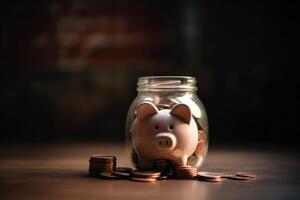 Piggy bank and saved up money coins photo