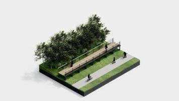 ambiente isométrica parque naturaleza. isométrica ambiental sostenible paisaje bosque con personas descansar, 3d hacer animación. ambiente con árbol, césped hoja, río, sendero en blanco aislado. video