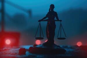 Legal law concept. Silhouette of The Statue of Justice on with lights at foggy background photo