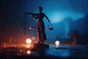 Legal law concept. Silhouette of The Statue of Justice on with lights at foggy background photo