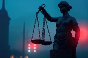 Legal law concept. Silhouette of The Statue of Justice on with lights at foggy background photo