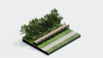 ambiente isométrica parque naturaleza. isométrica ambiental sostenible paisaje bosque con personas descansar, 3d hacer ilustración. ambiente con árbol, césped hoja, río, sendero en blanco aislado. foto