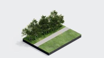 ambiente isométrica parque naturaleza. isométrica ambiental sostenible paisaje bosque con personas descansar, 3d hacer ilustración. ambiente con árbol, césped hoja, río, sendero en blanco aislado. foto