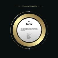 Luxury circle multipurpose Infographic template, a gold element option with text details and premium button, golden version on a dark background vector illustration