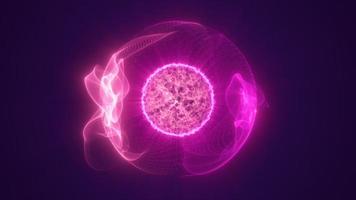 Abstract purple round energy sphere from particles and waves of futuristic hi-tech glowing background, video 4k, 60 fps