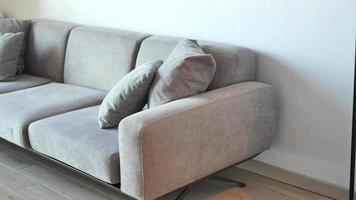 scandinavian stil vardagsrum med tyg soffa, kuddar video