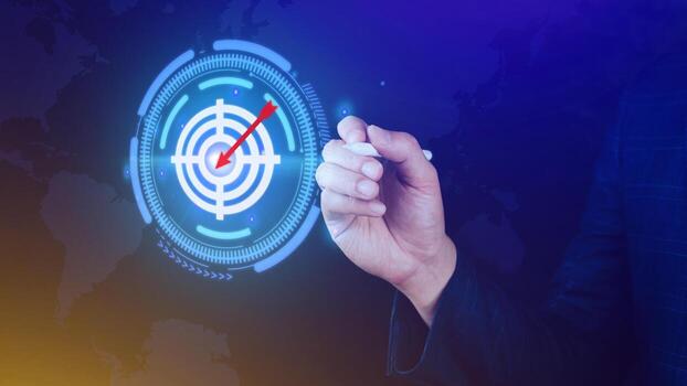 Businessman touching virtual dartboard with red arrow ,Business Achievement objective target concept, setup business objective target concept. photo