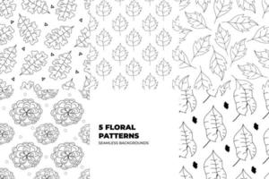 Floral seamless patterns. Leaves and flowers in black and white tones. Repeating endless vector design for paper, cover, fabric, interior decor and textile users. Vector illustration.