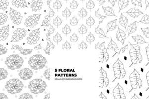 Floral seamless patterns. Leaves and flowers in black and white tones. Repeating endless vector design for paper, cover, fabric, interior decor and textile users. Vector illustration.